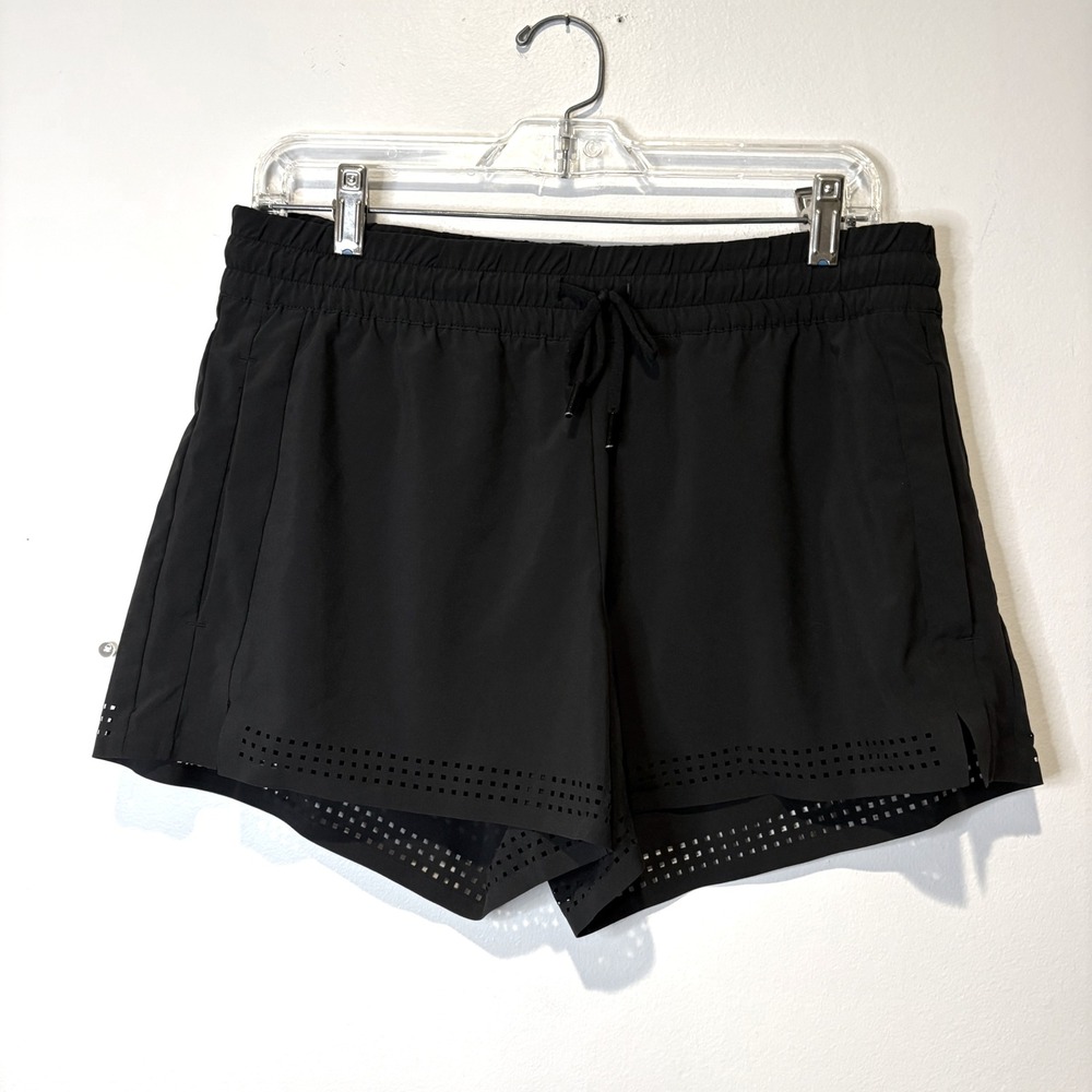 Athleta Black Laser Cut Athletic Shorts Drawstring‎ Waist Pockets Size 8 Unlined